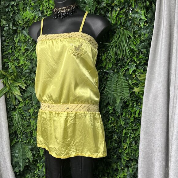 VTG G-UNIT Women Tops XL Yellow Graphic Embroidered Spaghetti Strap Blouse 1676 - Picture 3 of 10